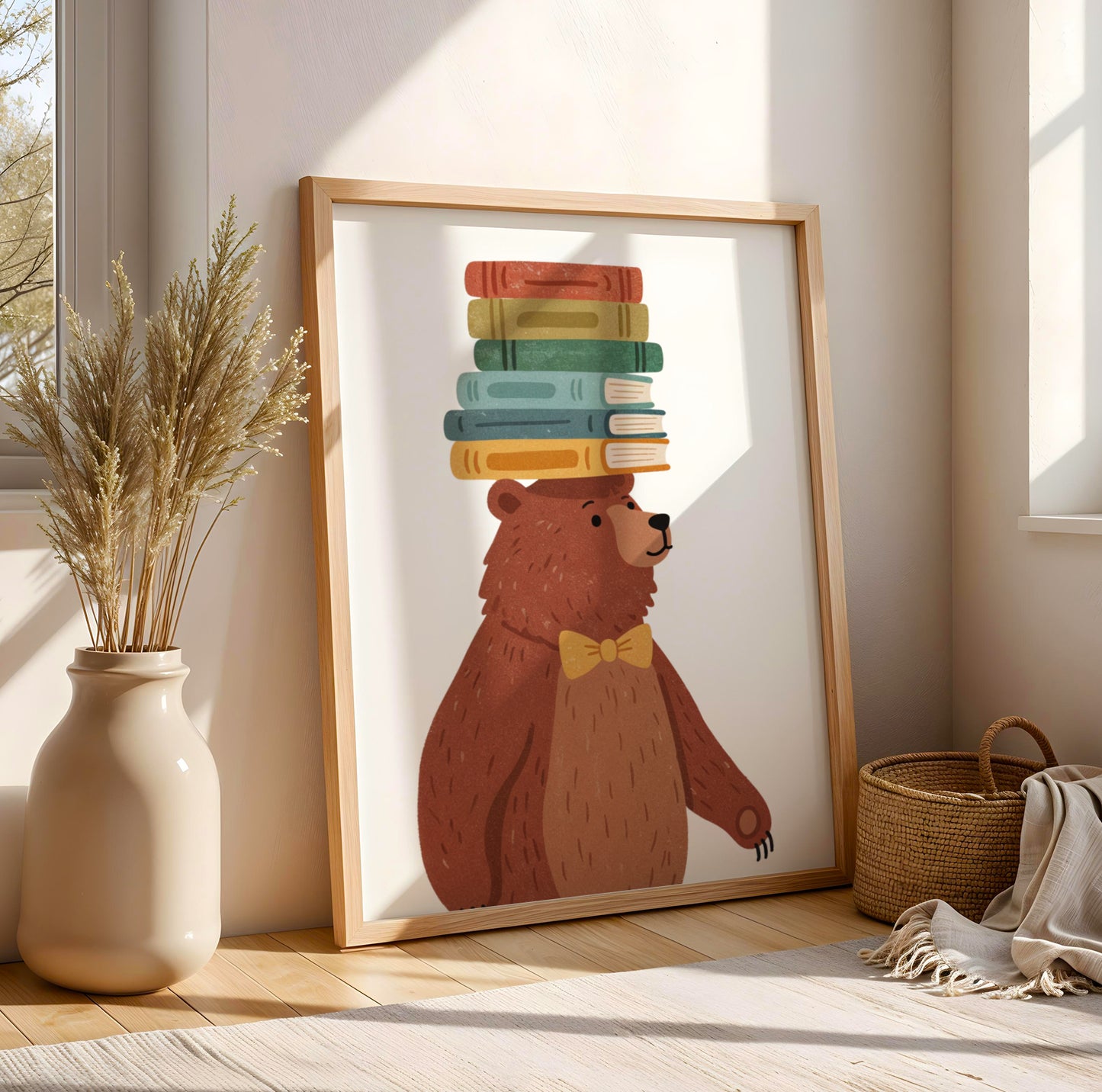 Affiches chambre enfant scandinaves ours et girafe avec livres décoration murale Montessori beige et crème