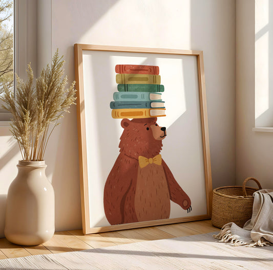 Affiches chambre enfant scandinaves ours et girafe avec livres décoration murale Montessori beige et crème