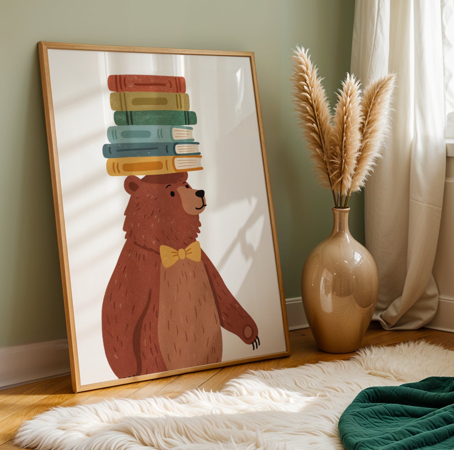Affiche enfant ours avec livres, illustration scandinave douce représentant un ours mignon entouré de livres, idéale pour décoration de chambre bébé, coin lecture ou salle de jeux. Poster éducatif aux tons neutres beige et brun, parfait pour encourager la lecture chez les enfants. Art mural pour nursery, crèche ou école, idée cadeau naissance originale, affiche sans cadre imprimée sur papier mat de haute qualité.