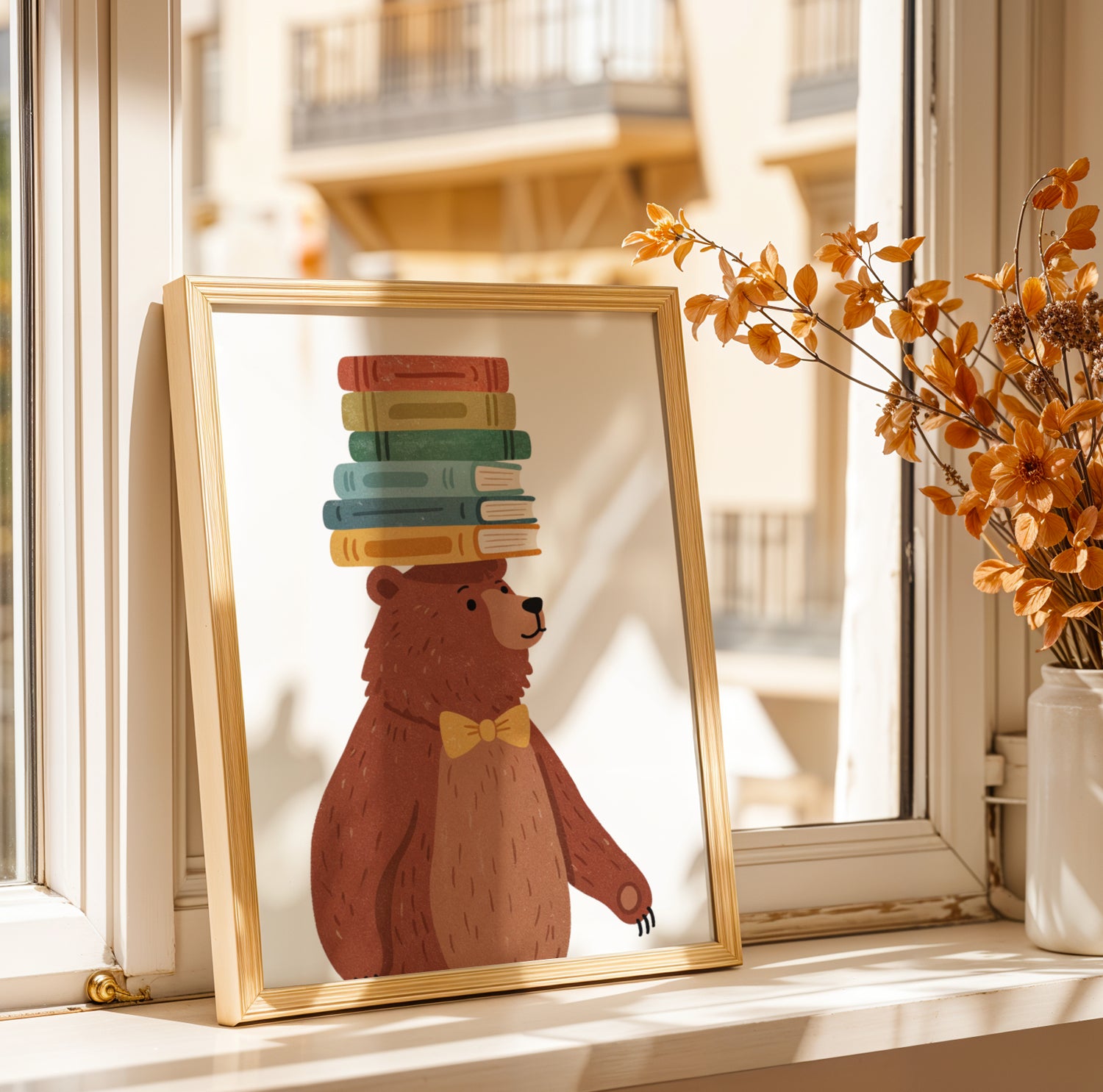 Affiche enfant ours avec livres, illustration scandinave douce représentant un ours mignon entouré de livres, idéale pour décoration de chambre bébé, coin lecture ou salle de jeux. Poster éducatif aux tons neutres beige et brun, parfait pour encourager la lecture chez les enfants. Art mural pour nursery, crèche ou école, idée cadeau naissance originale, affiche sans cadre imprimée sur papier mat de haute qualité.