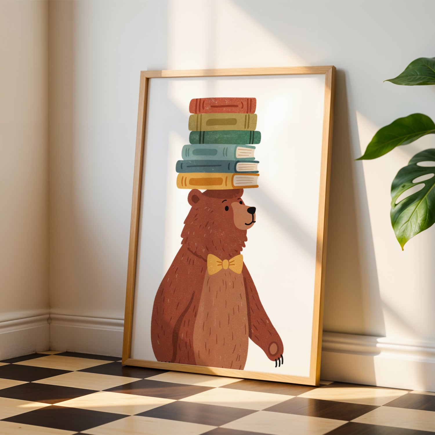 Affiche enfant ours avec livres, illustration scandinave douce représentant un ours mignon entouré de livres, idéale pour décoration de chambre bébé, coin lecture ou salle de jeux. Poster éducatif aux tons neutres beige et brun, parfait pour encourager la lecture chez les enfants. Art mural pour nursery, crèche ou école, idée cadeau naissance originale, affiche sans cadre imprimée sur papier mat de haute qualité.