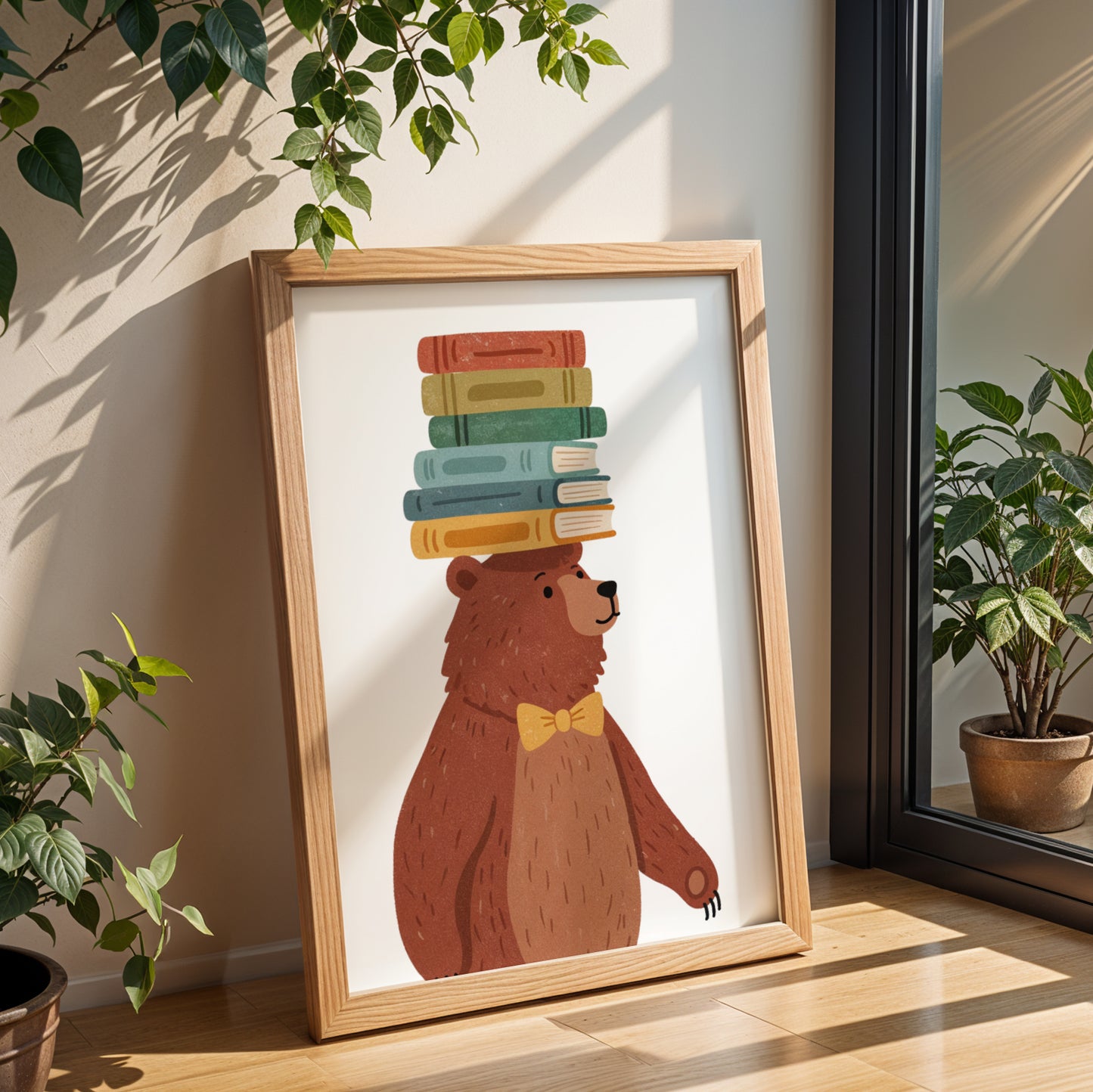 Affiche enfant ours avec livres, illustration scandinave douce représentant un ours mignon entouré de livres, idéale pour décoration de chambre bébé, coin lecture ou salle de jeux. Poster éducatif aux tons neutres beige et brun, parfait pour encourager la lecture chez les enfants. Art mural pour nursery, crèche ou école, idée cadeau naissance originale, affiche sans cadre imprimée sur papier mat de haute qualité.