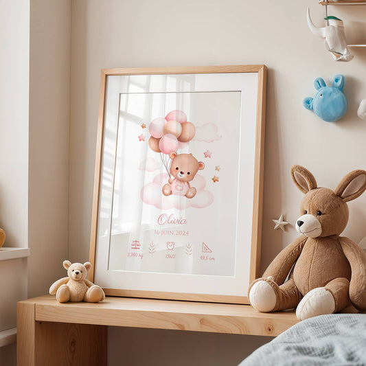 Affiche de naissance ours rose et ballons - Décoration chambre bébé personnalisé