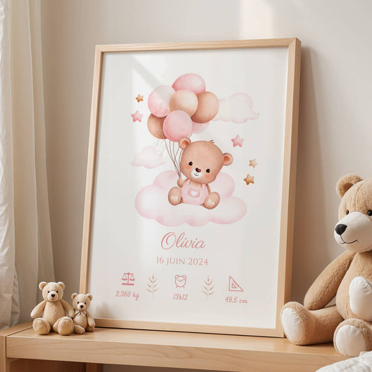 Affiche de naissance ours rose et ballons - Décoration chambre bébé personnalisé