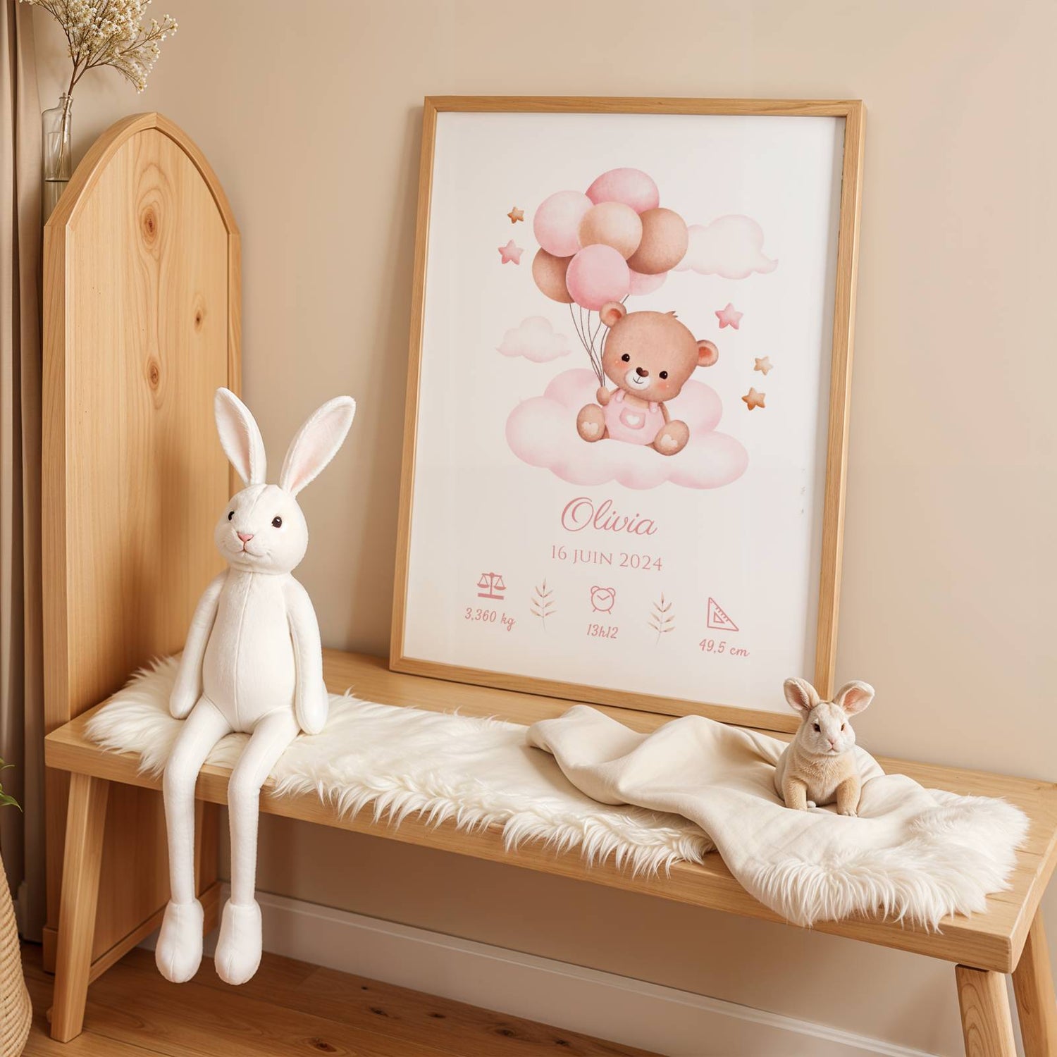 affiche bébé ours rose aquarelle personnalisée décoration murale chambre