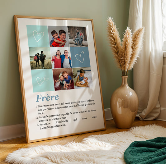 Affiche personnalisée frère avec photo et définition style dictionnaire, cadeau original pour anniversaire, Noël ou témoin mariage.