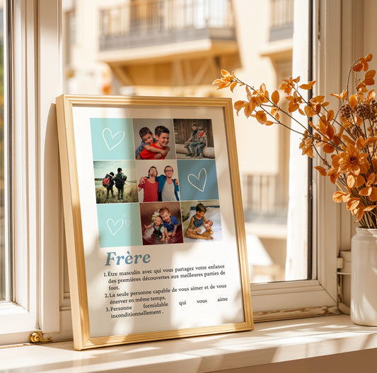 Affiche personnalisée frère avec photo et définition style dictionnaire, cadeau original pour anniversaire, Noël ou témoin mariage.