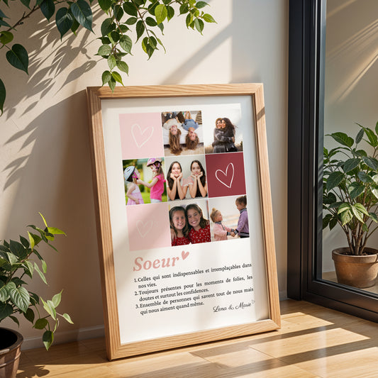 Affiche personnalisée sœurs avec mosaïque de 6 photos souvenirs et définition émotionnelle, cadeau original pour sœur, anniversaire ou Noël.