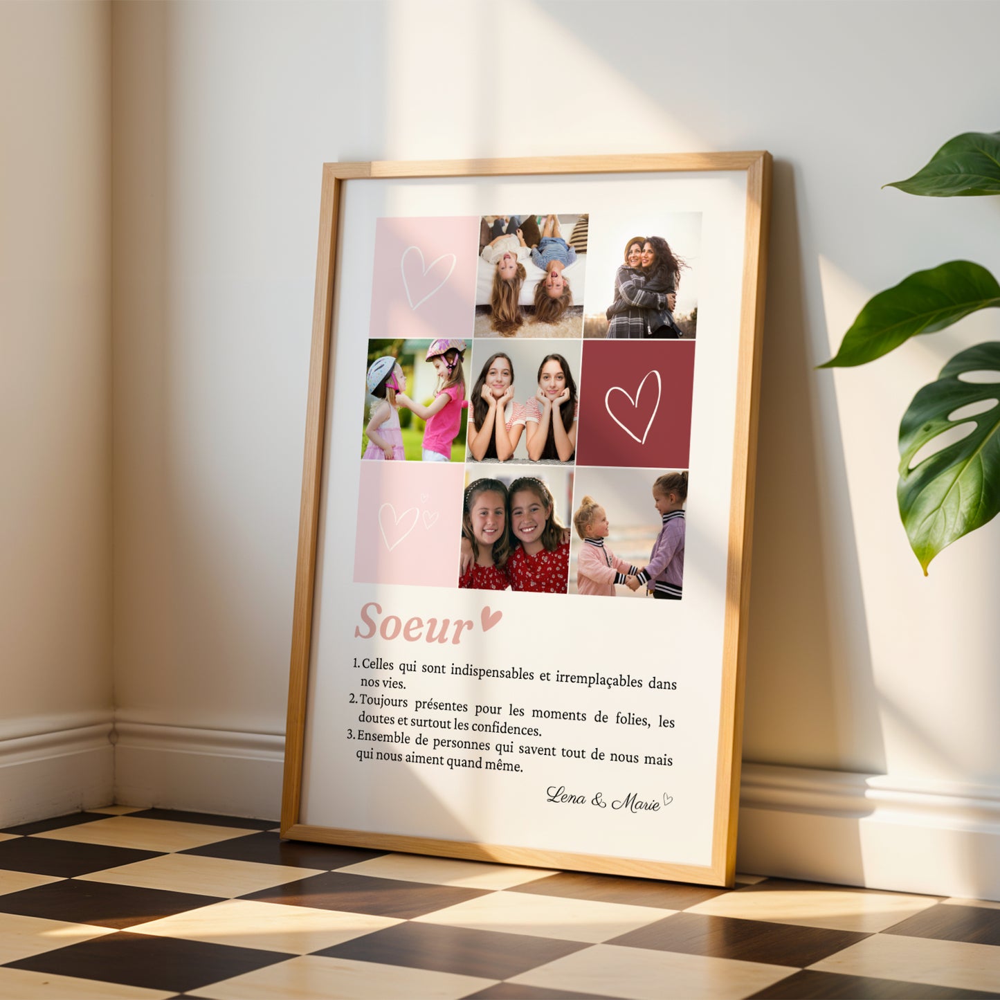 Affiche personnalisée sœurs avec mosaïque de 6 photos souvenirs et définition émotionnelle, cadeau original pour sœur, anniversaire ou Noël.