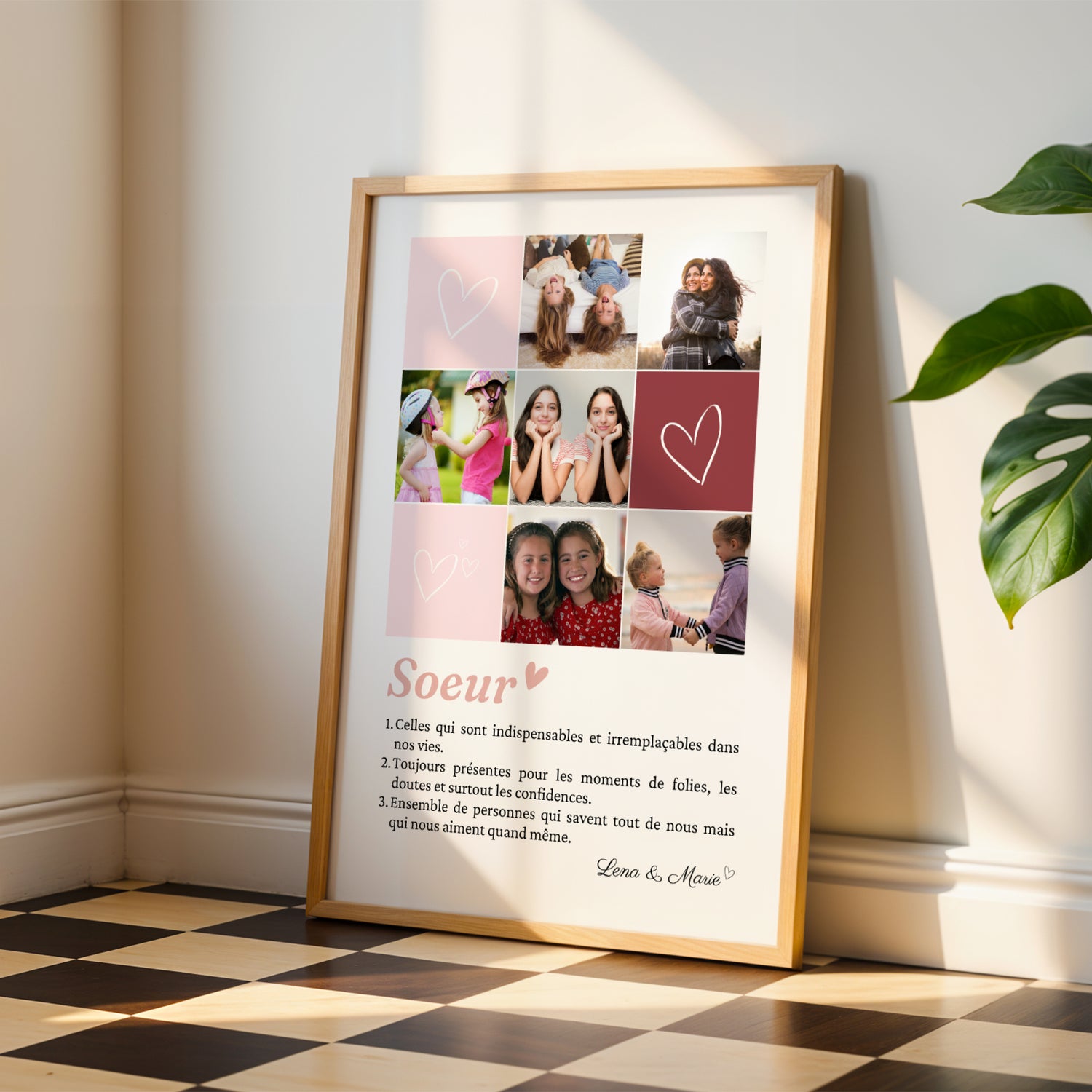 Affiche personnalisée sœurs avec mosaïque de 6 photos souvenirs et définition émotionnelle, cadeau original pour sœur, anniversaire ou Noël.