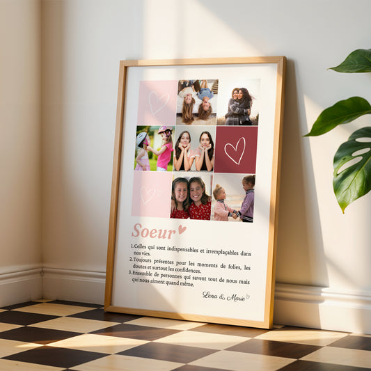 Affiche personnalisée sœurs avec mosaïque de 6 photos souvenirs et définition émotionnelle, cadeau original pour sœur, anniversaire ou Noël.