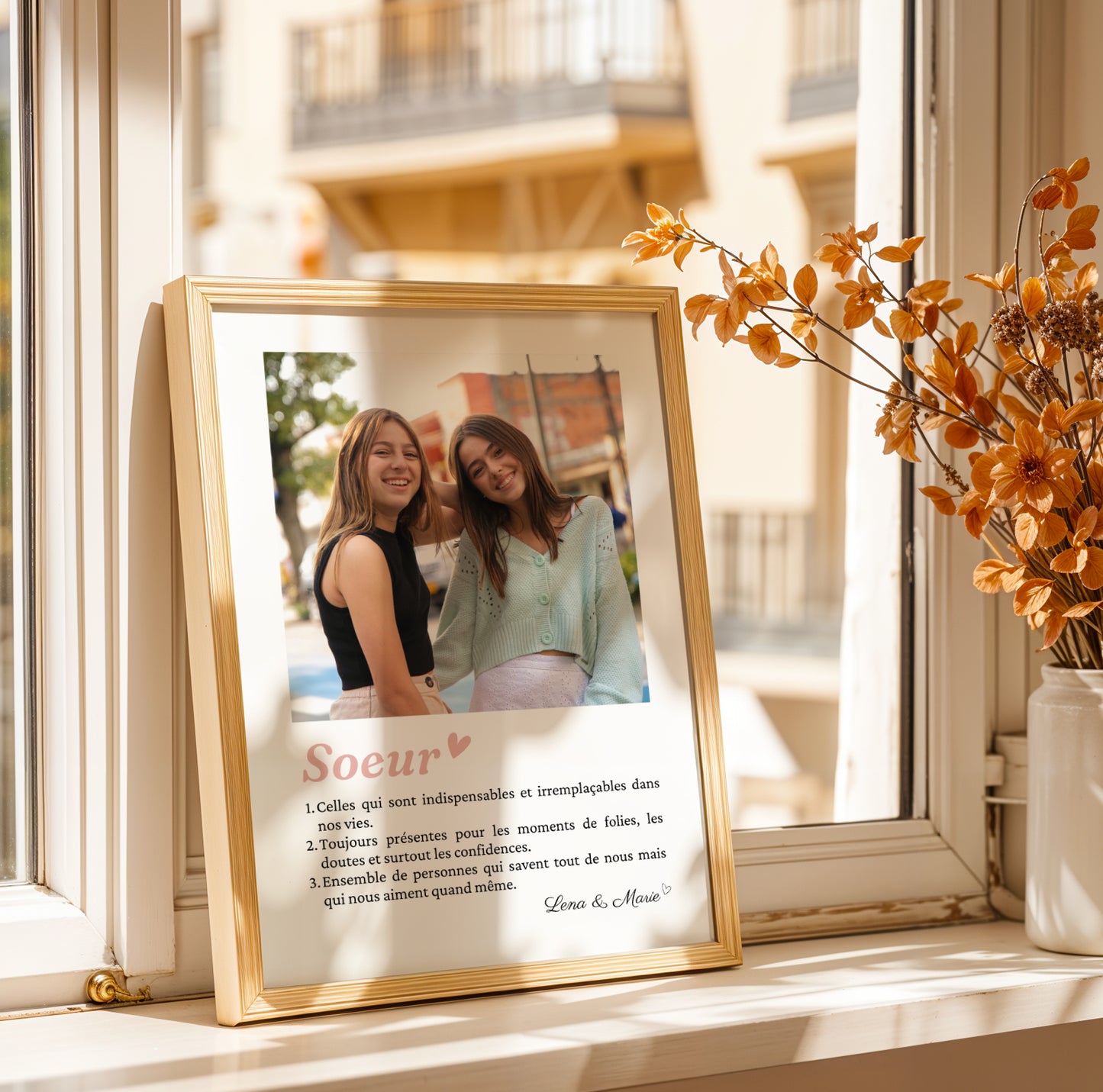 Affiche personnalisée sœurs avec mosaïque de 6 photos souvenirs et définition émotionnelle, cadeau original pour sœur, anniversaire ou Noël.