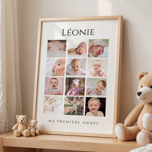 Affiche 1ère Année de Bébé - 12 Mois en Photos - Cadeau Naissance Personnalisé - Le Temps des Paillettes