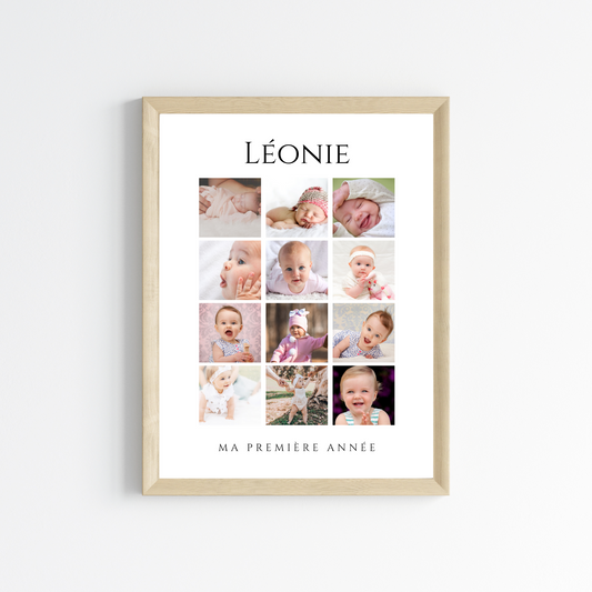 Affiche 1ère Année de Bébé - 12 Mois en Photos - Cadeau Naissance Personnalisé -  Le Temps des Paillettes