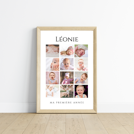 Affiche 1ère Année de Bébé - 12 Mois en Photos - Cadeau Naissance Personnalisé -  Le Temps des Paillettes