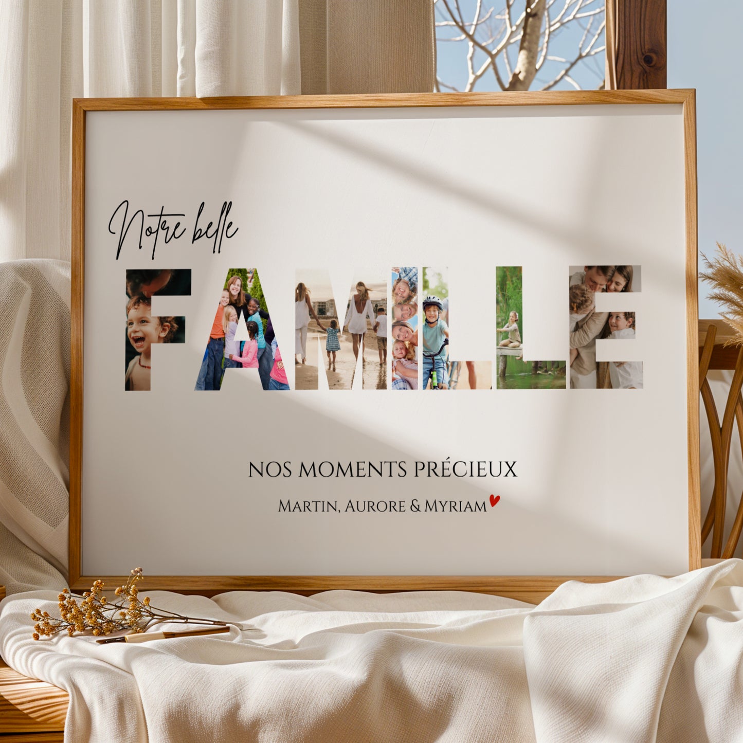 Affiche famille personnalisée avec photos intégrées dans les lettres du mot FAMILLE. Poster photo famille moderne et minimaliste avec prénoms, texte personnalisé et souvenirs familiaux. Décoration murale élégante à imprimer en format PDF HD A4 ou A3. Cadeau personnalisé idéal pour parents, grands-parents, Noël, anniversaire ou crémaillère. Affiche numérique familiale avec design épuré pour salon, chambre ou entrée, souvenir unique et émotionnel.