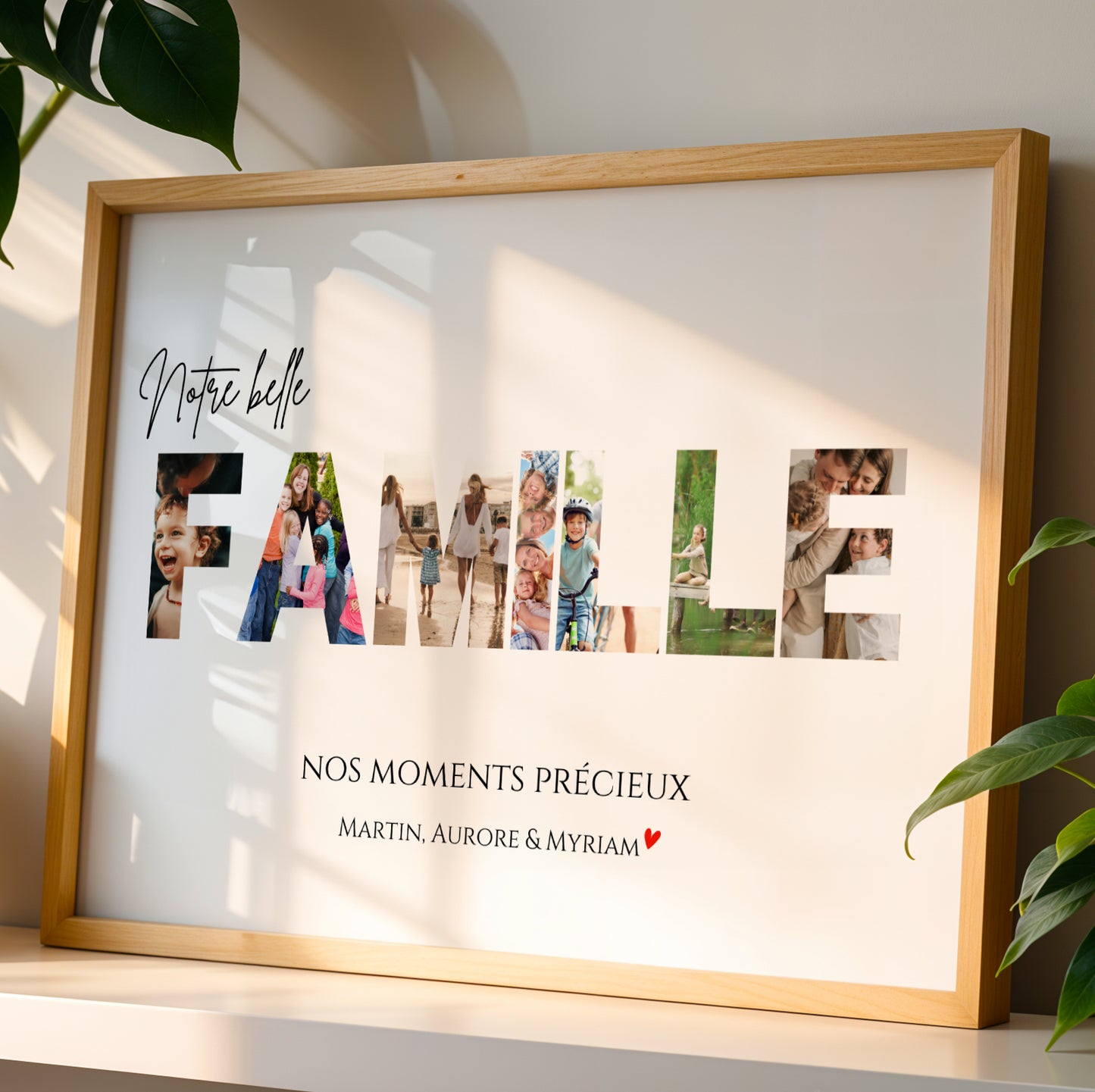 Affiche famille personnalisée avec photos intégrées dans les lettres du mot FAMILLE. Poster photo famille moderne et minimaliste avec prénoms, texte personnalisé et souvenirs familiaux. Décoration murale élégante à imprimer en format PDF HD A4 ou A3. Cadeau personnalisé idéal pour parents, grands-parents, Noël, anniversaire ou crémaillère. Affiche numérique familiale avec design épuré pour salon, chambre ou entrée, souvenir unique et émotionnel.
