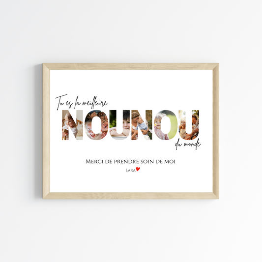 Affiche personnalisée Nounou avec photos – Mot NOUNOU illustré par vos images – Cadeau nounou unique et émouvant fin d’année scolaire