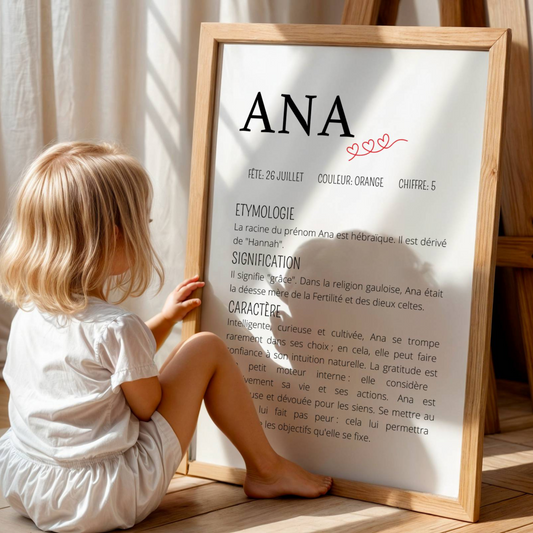 affiche prénom personnalisée définition étymologie style minimaliste noir blanc cadeau naissance