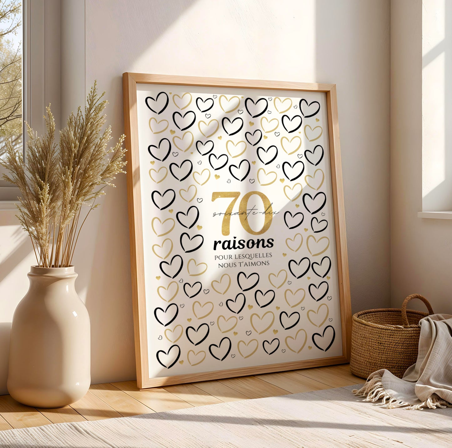 Affiche 70 ans raisons pour lesquelles nous t'aimons : 70 cœurs vides à remplir, cadeau d'anniversaire