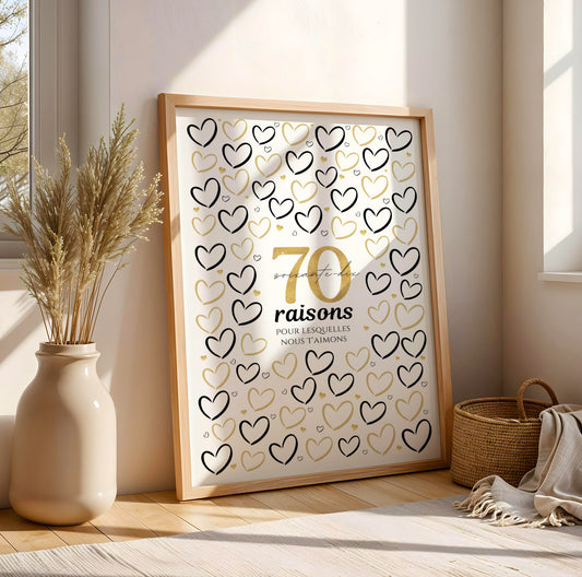 Affiche 70 ans raisons pour lesquelles nous t'aimons : 70 cœurs vides à remplir, cadeau d'anniversaire