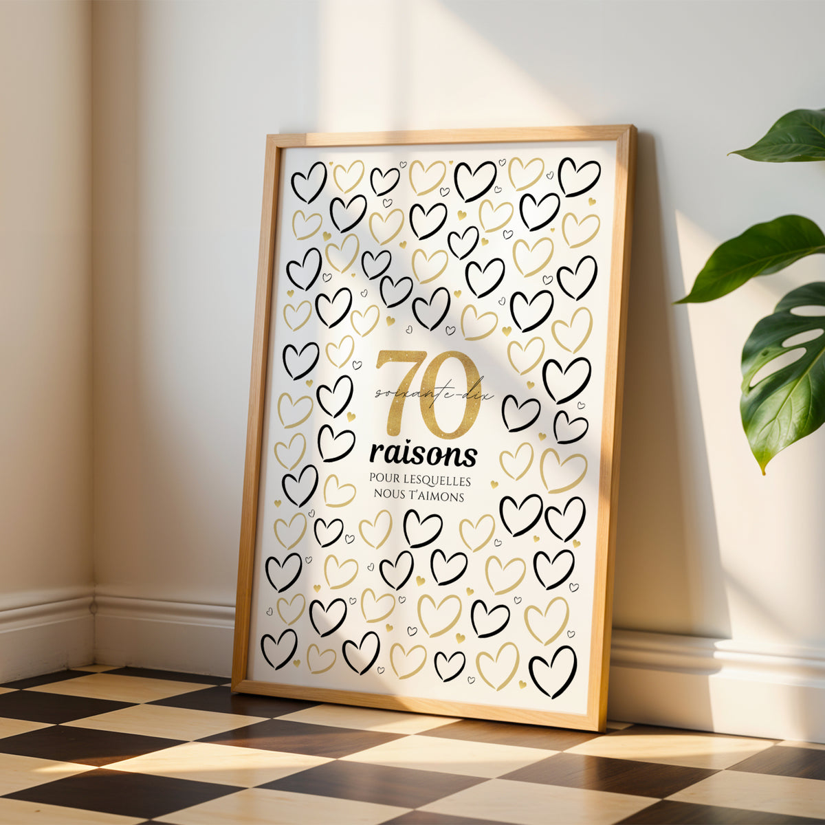 Affiche 70 ans dont les cœurs sont remplis à la main par la famille, raisons de l'aimer