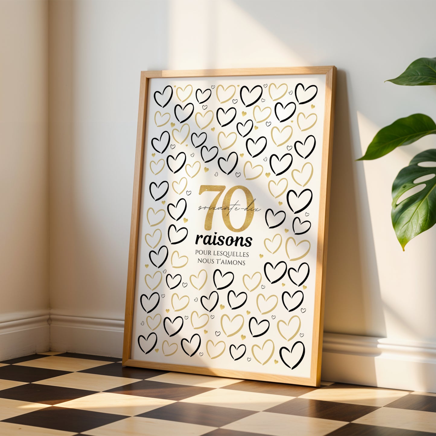 Affiche 70 ans dont les cœurs sont remplis à la main par la famille, raisons de l'aimer