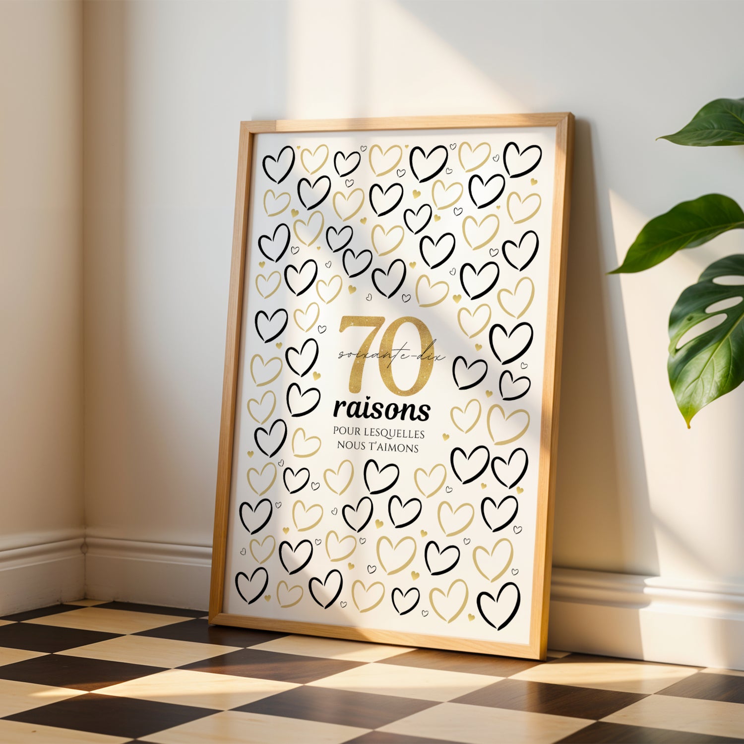 Affiche 70 ans dont les cœurs sont remplis à la main par la famille, raisons de l'aimer