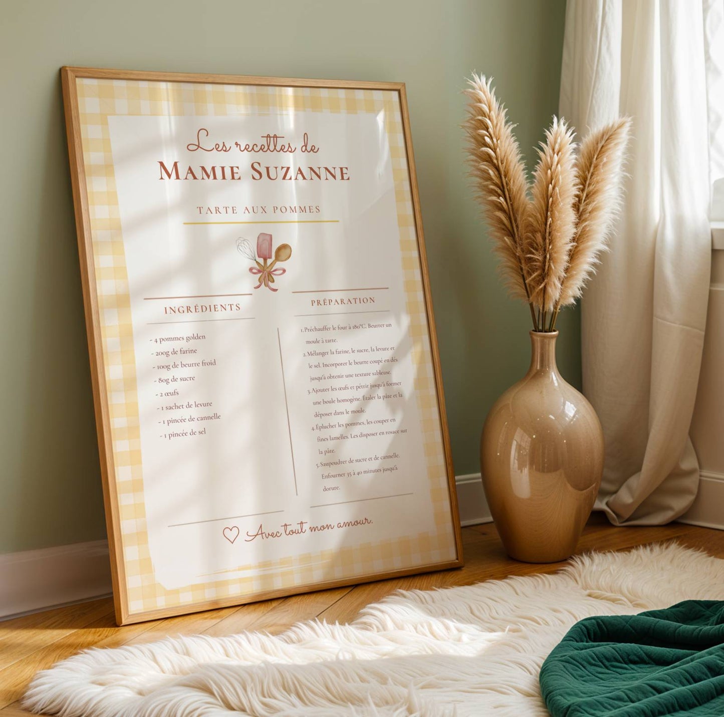 Affiche Recette Personnalisée Mamie — Cadeau Grand-mère Original — Poster Cuisine Vichy Imprimable — Cadeau Noël Fête des Mères
