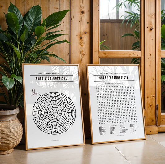 Lot de 2 affiches orthoptiste : mots mêlés et labyrinthe pour salle d’attente
