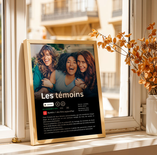 Affiche témoin mariage personnalisée style série Netflix avec photo, texte personnalisé et design moderne inspiré des plateformes de streaming, idée cadeau originale pour demande ou remerciement témoin.