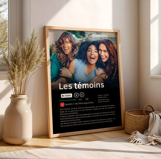 Affiche témoin mariage personnalisée style série Netflix avec photo, texte personnalisé et design moderne inspiré des plateformes de streaming, idée cadeau originale pour demande ou remerciement témoin.