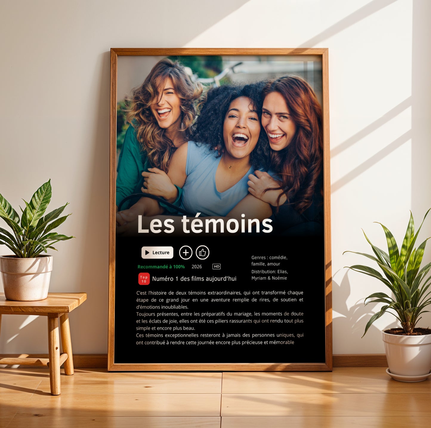 Affiche témoin mariage personnalisée style série Netflix avec photo, texte personnalisé et design moderne inspiré des plateformes de streaming, idée cadeau originale pour demande ou remerciement témoin.