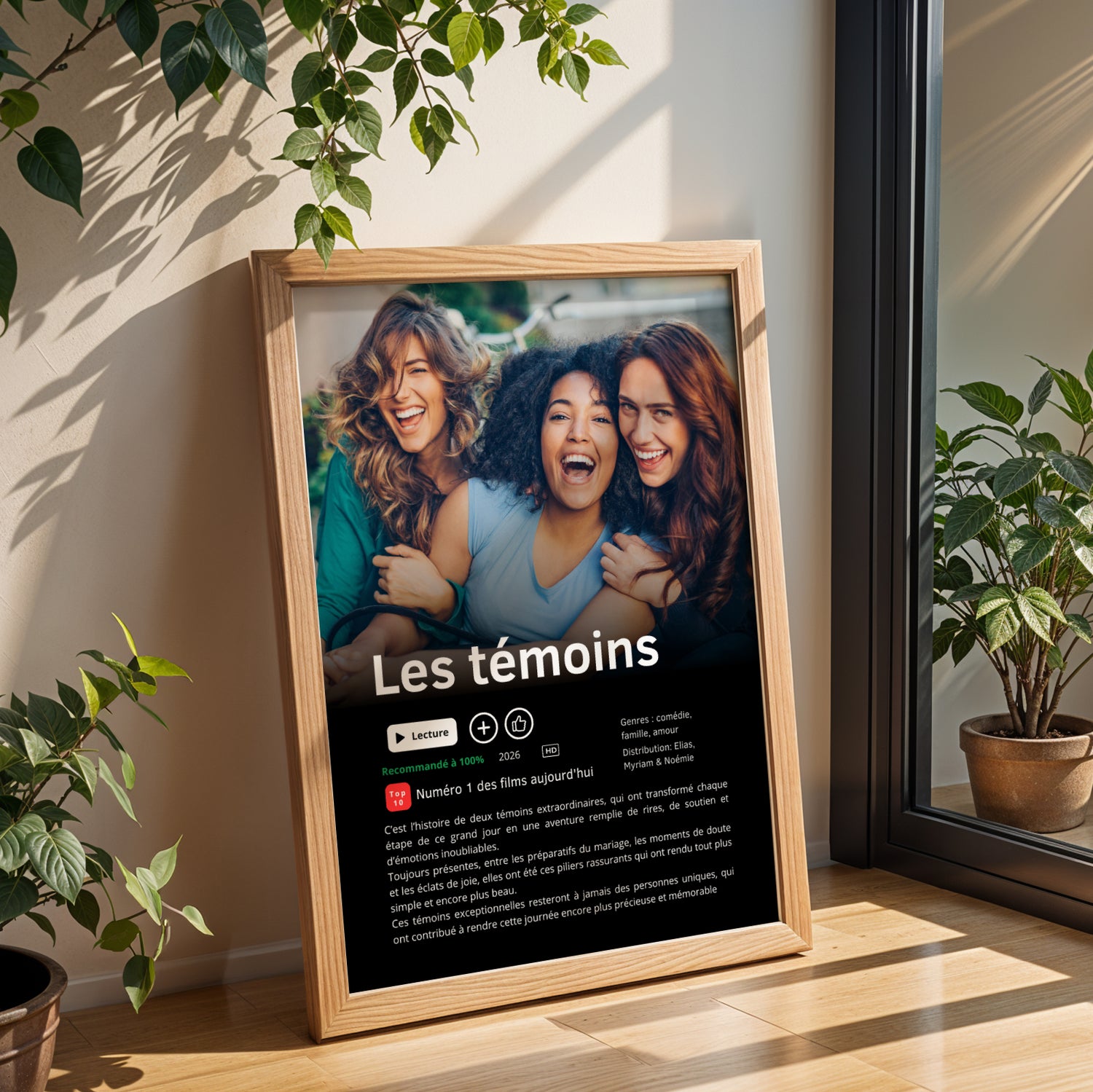 Affiche témoin mariage personnalisée style série Netflix avec photo, texte personnalisé et design moderne inspiré des plateformes de streaming, idée cadeau originale pour demande ou remerciement témoin.