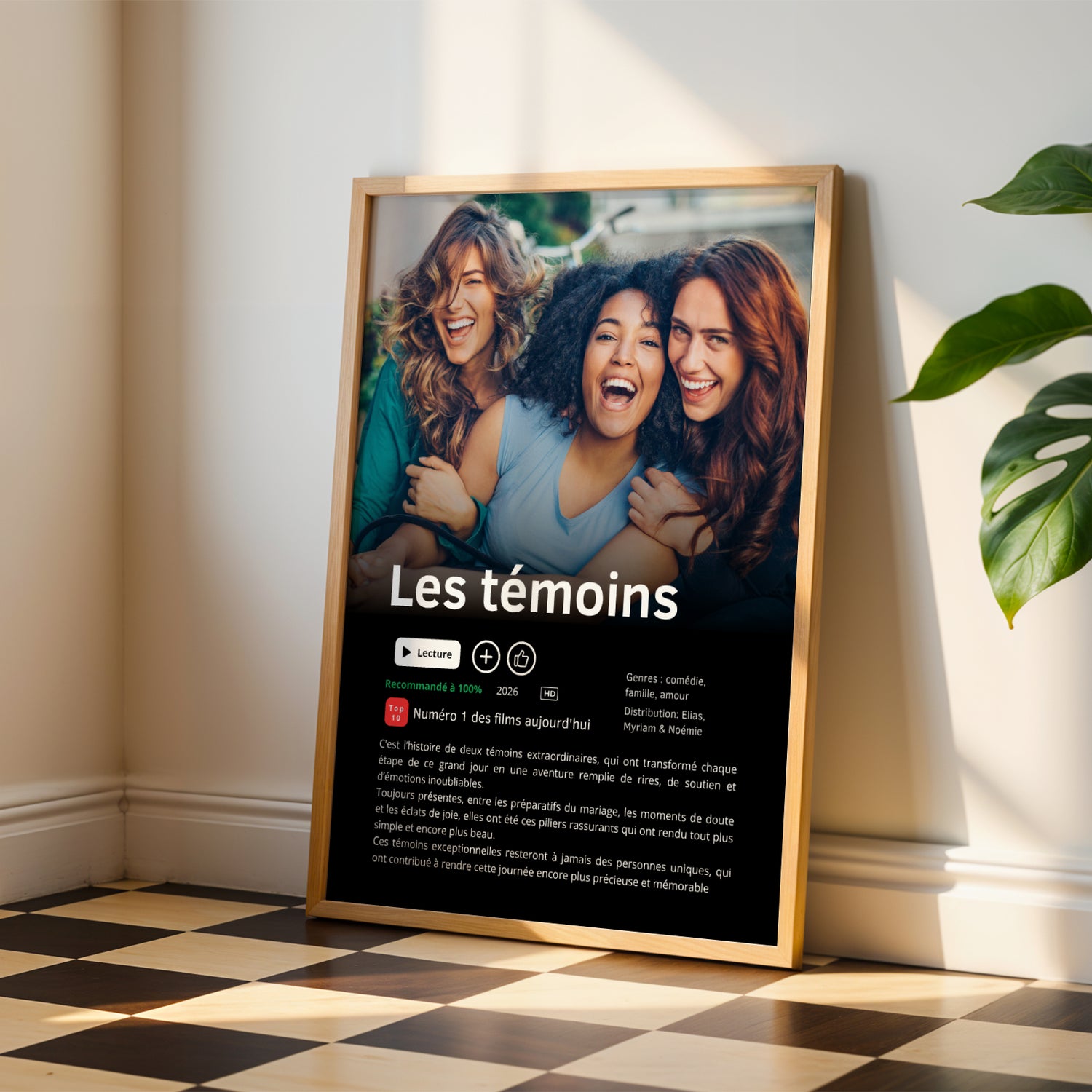 Affiche témoin mariage personnalisée style série Netflix avec photo, texte personnalisé et design moderne inspiré des plateformes de streaming, idée cadeau originale pour demande ou remerciement témoin.