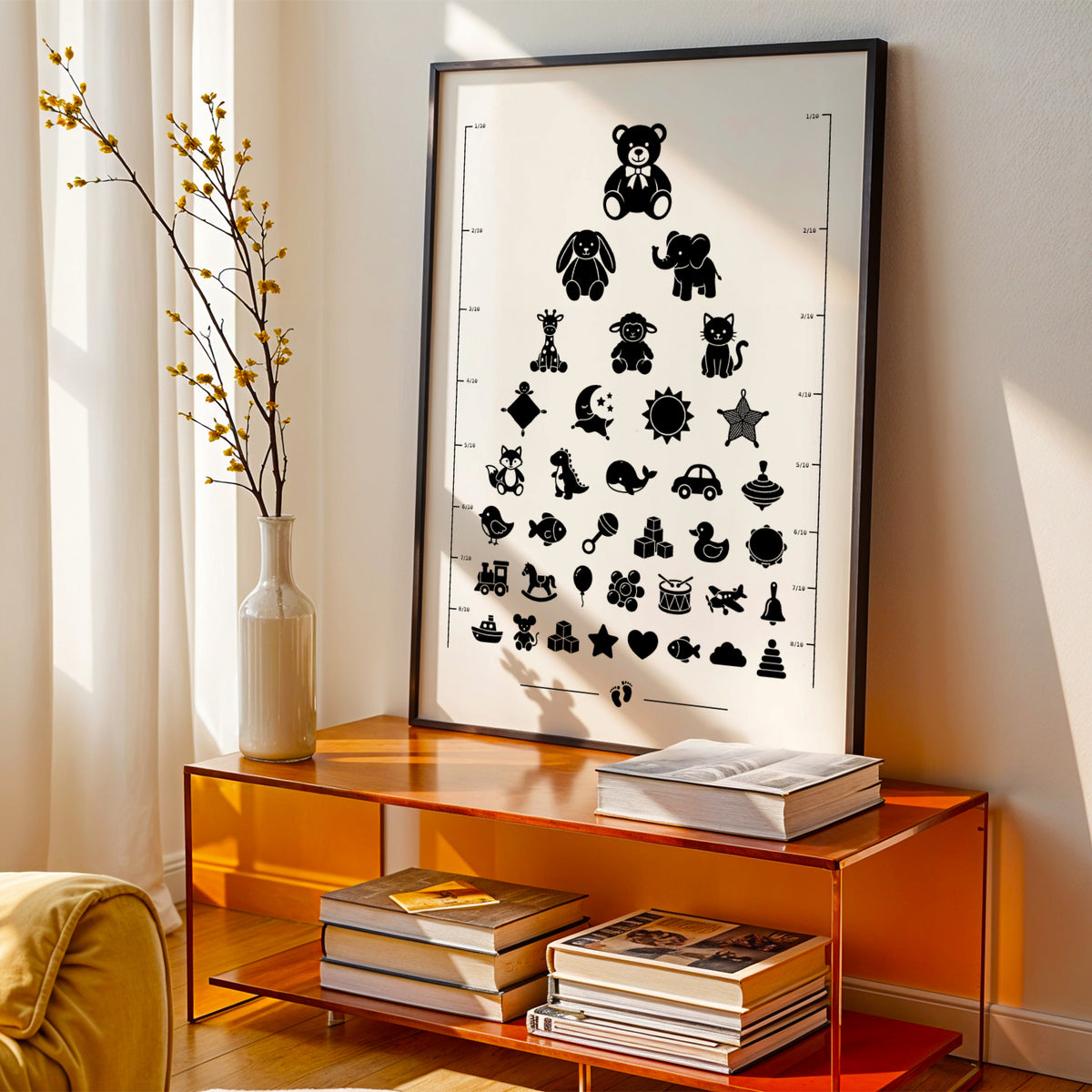 Affiche test de vue d’opticien avec silhouettes noires de doudous et peluches : ours, lapin, éléphant, girafe, tétine, biberon