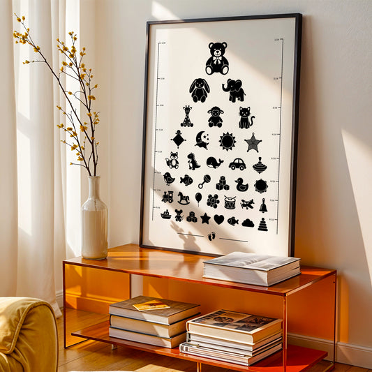 Affiche test de vue d’opticien avec silhouettes noires de doudous et peluches : ours, lapin, éléphant, girafe, tétine, biberon
