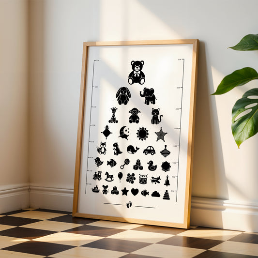 Affiche test de vue d’opticien avec silhouettes noires de doudous et peluches : ours, lapin, éléphant, girafe, tétine, biberon