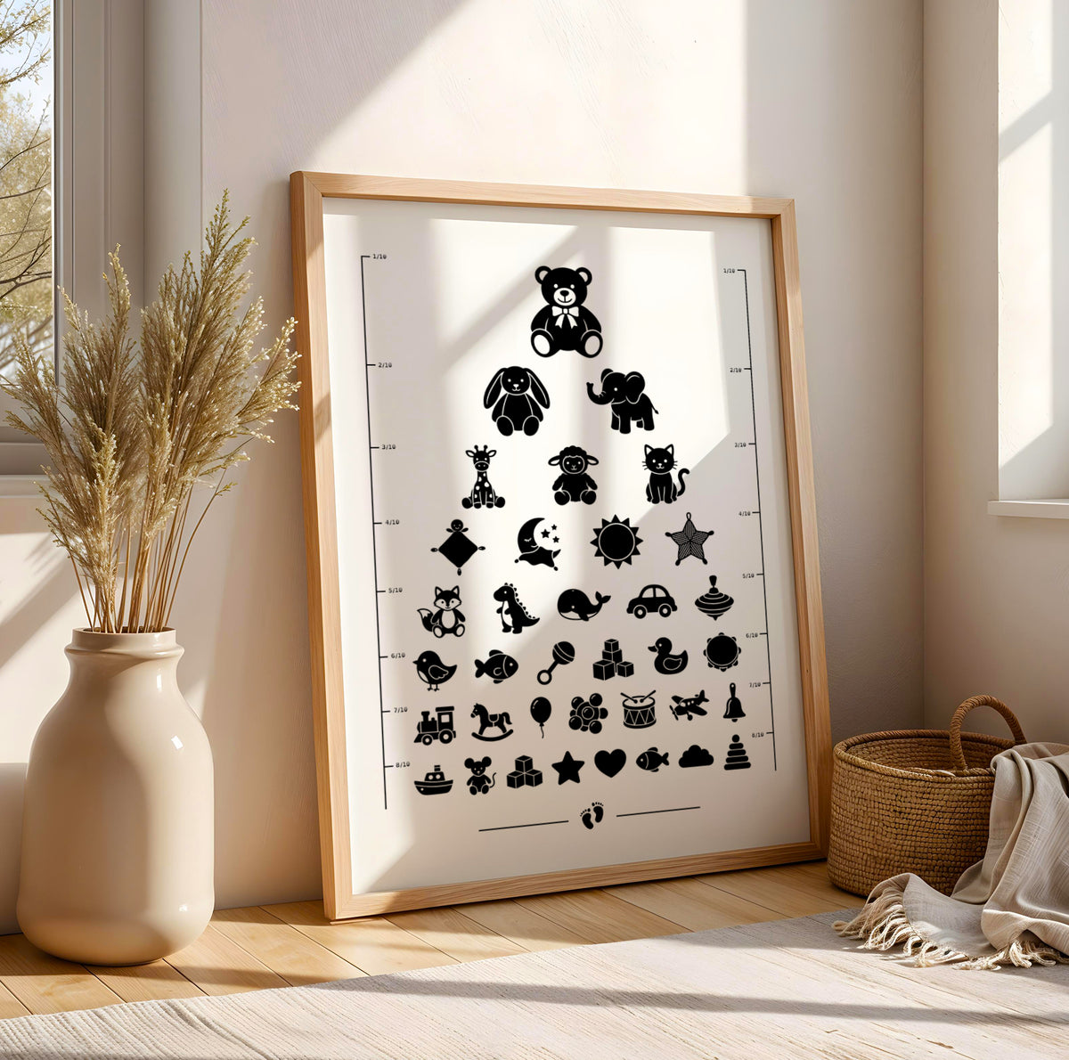 Affiche test de vue d’opticien avec silhouettes noires de doudous et peluches : ours, lapin, éléphant, girafe, tétine, biberon