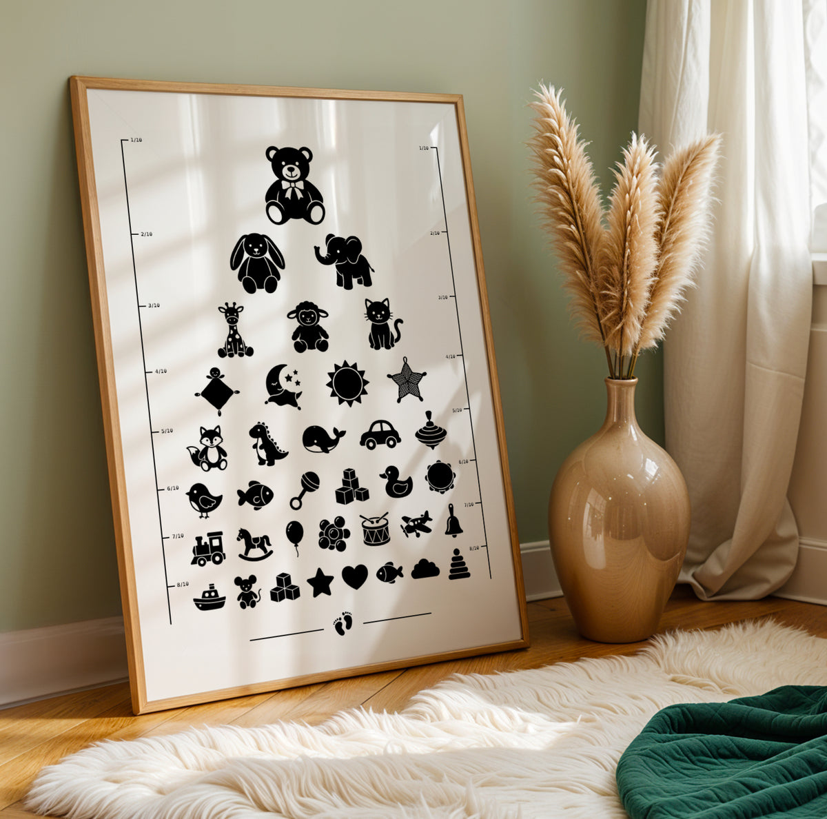 Affiche test de vue d’opticien avec silhouettes noires de doudous et peluches : ours, lapin, éléphant, girafe, tétine, biberon