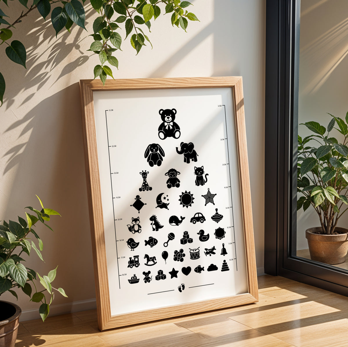 Affiche test de vue d’opticien avec silhouettes noires de doudous et peluches : ours, lapin, éléphant, girafe, tétine, biberon