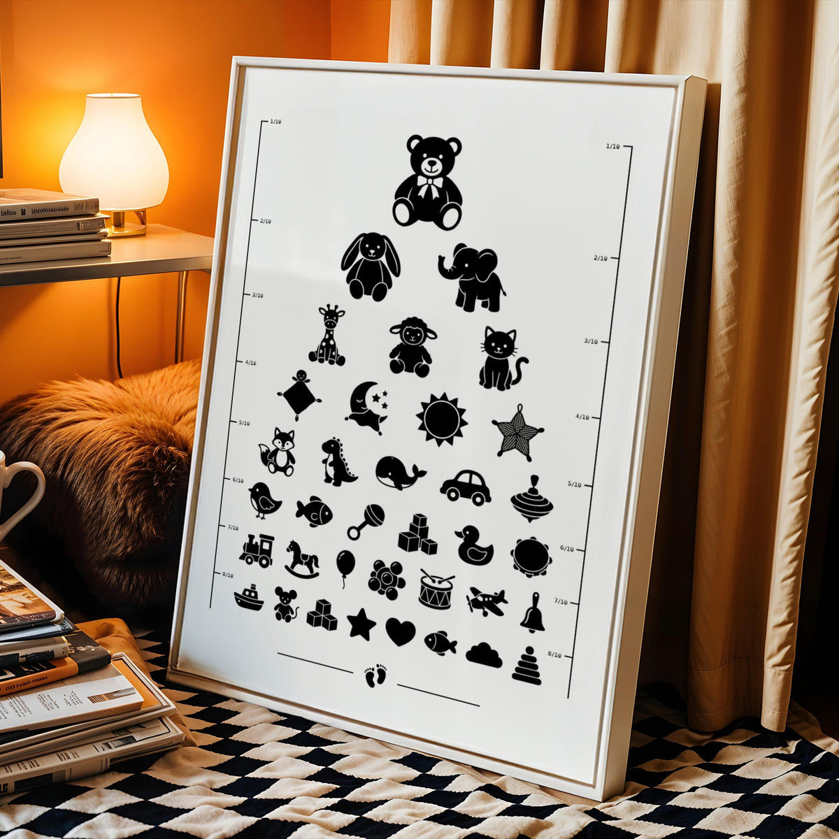 Affiche test de vue d’opticien avec silhouettes noires de doudous et peluches : ours, lapin, éléphant, girafe, tétine, biberon