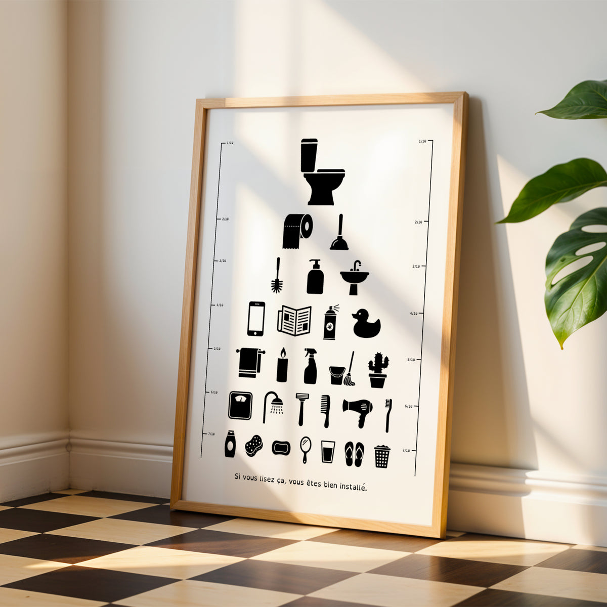 Affiche test de vue d’opticien avec silhouettes d’objets de toilettes et de salle de bain : cuvette, rouleau de papier, ventouse, canard de bain