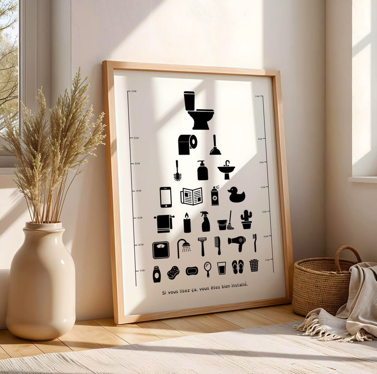 Affiche test de vue d’opticien avec silhouettes d’objets de toilettes et de salle de bain : cuvette, rouleau de papier, ventouse, canard de bain