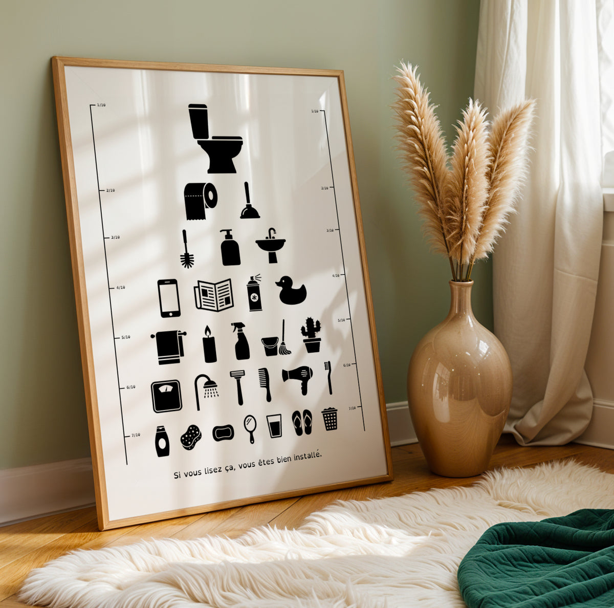 Affiche test de vue d’opticien avec silhouettes d’objets de toilettes et de salle de bain : cuvette, rouleau de papier, ventouse, canard de bain