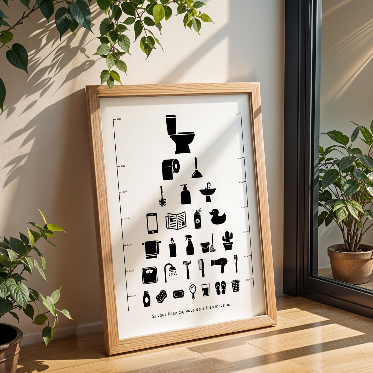 Affiche test de vue d’opticien avec silhouettes d’objets de toilettes et de salle de bain : cuvette, rouleau de papier, ventouse, canard de bain