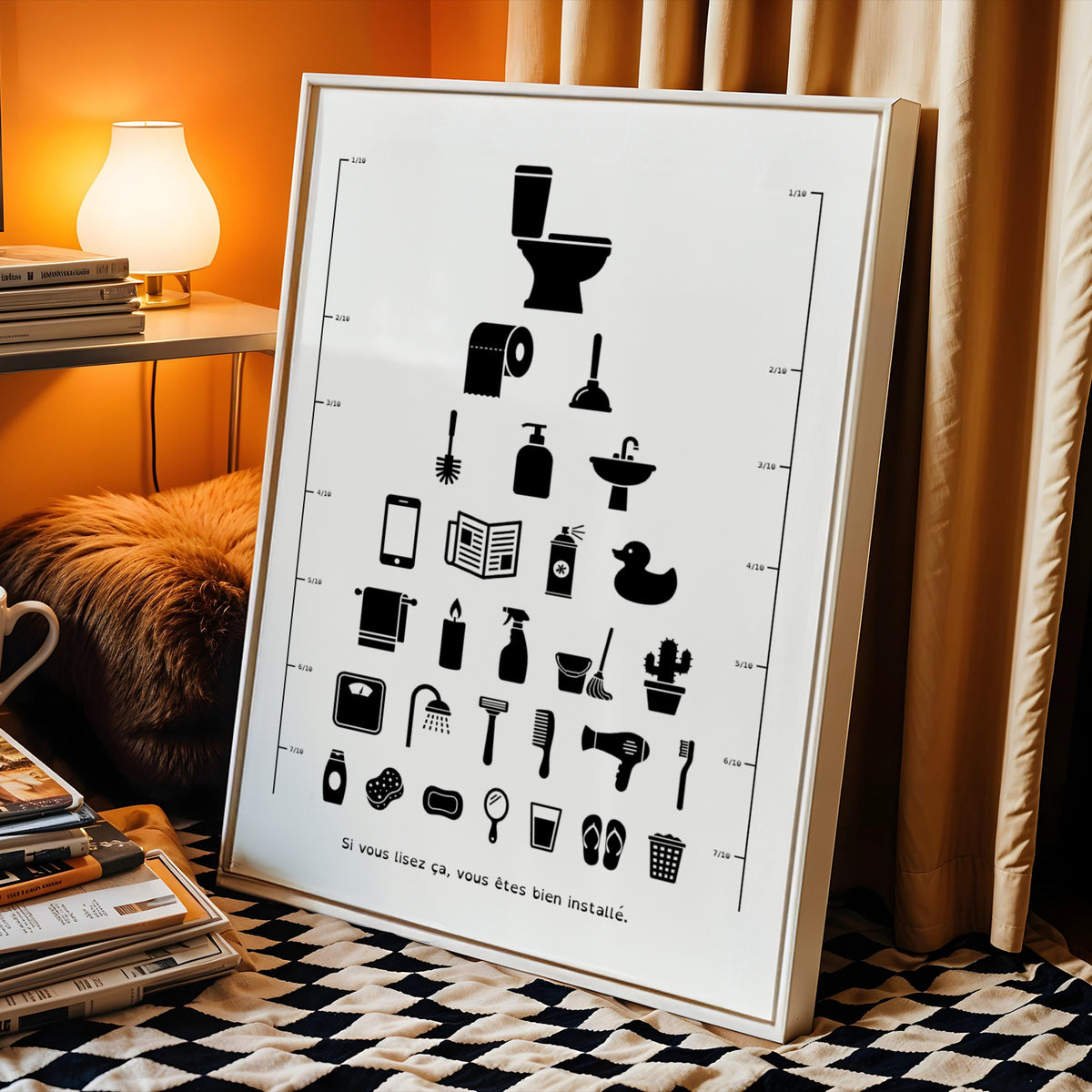 Affiche test de vue d’opticien avec silhouettes d’objets de toilettes et de salle de bain : cuvette, rouleau de papier, ventouse, canard de bain