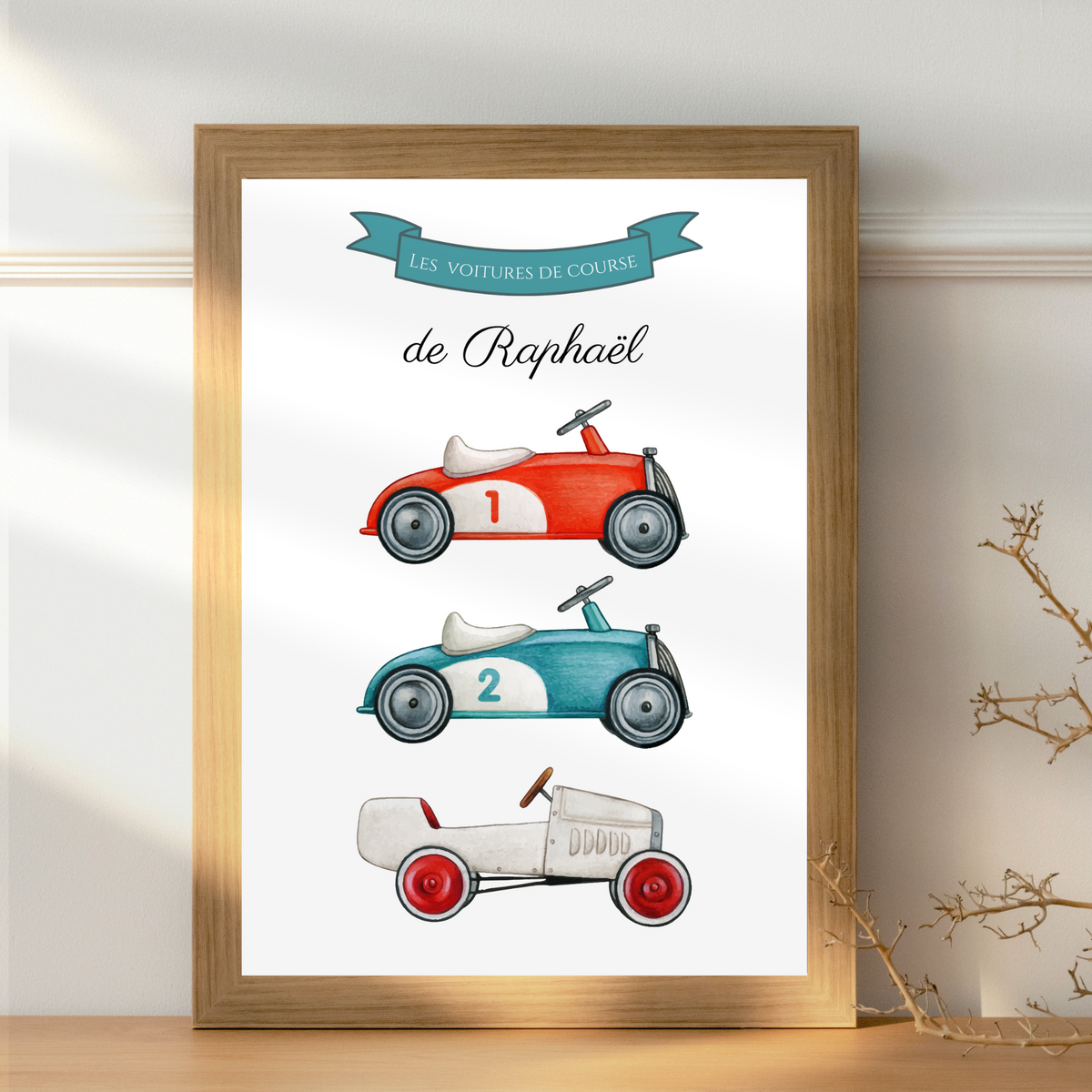 Affiche Voitures de Course Vintage Personnalisée Prénom – Imagier Rétro