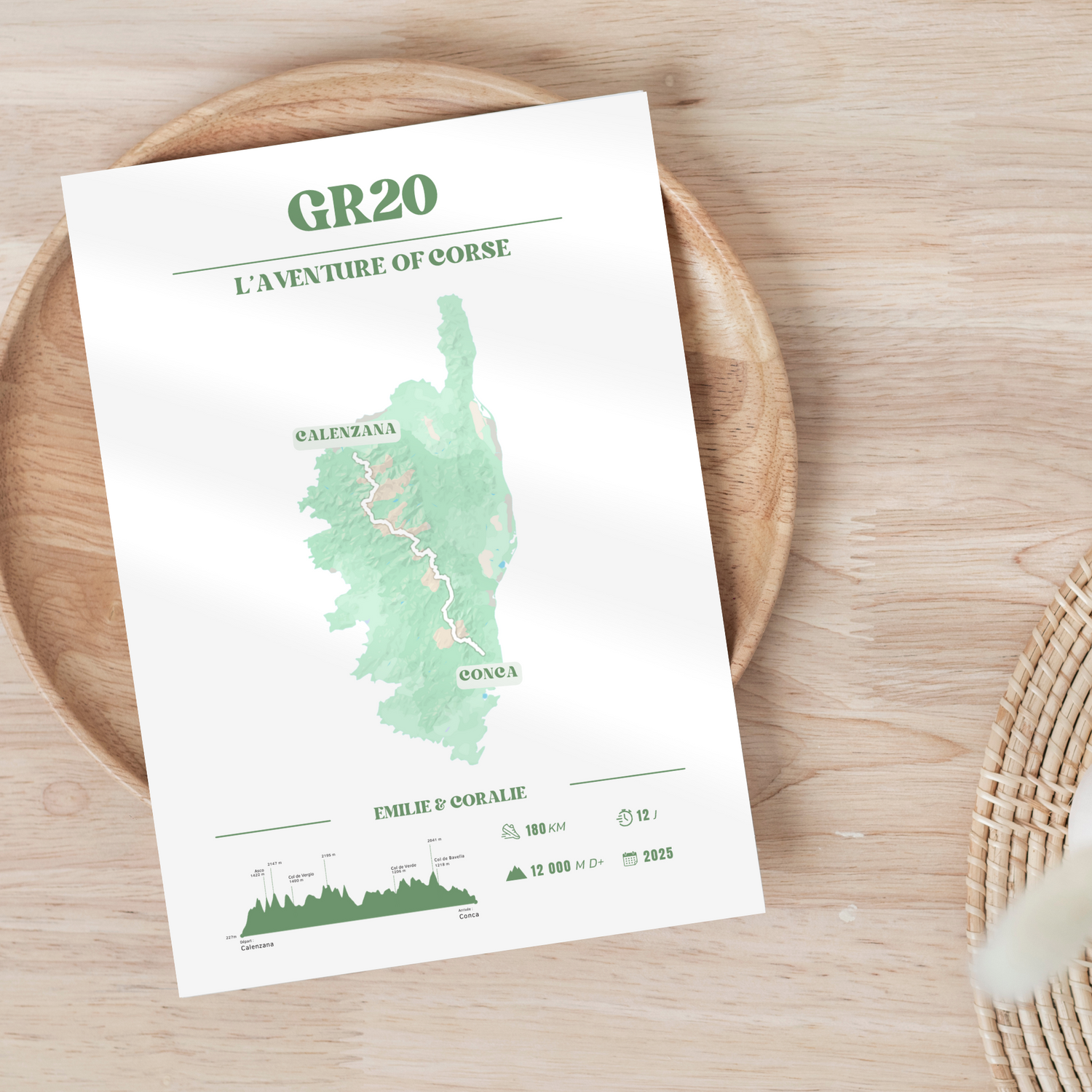 Affiche GR20 personnalisable – Souvenir de randonnée en Corse - Vert