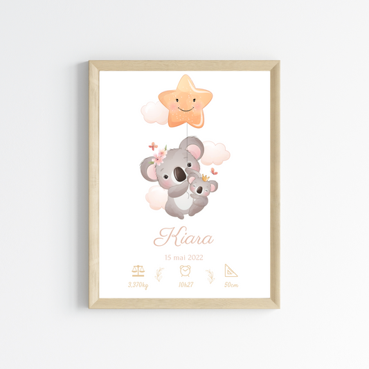 Affiche de naissance koala - Cadeau de naissance personnalisé